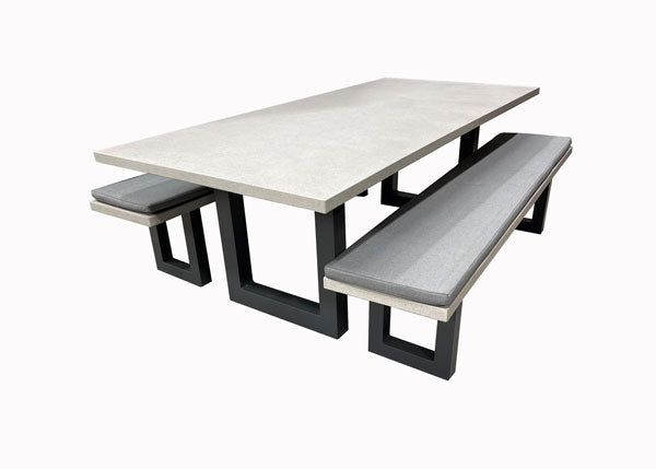 Portland 3pc Bench Set Incl. Cushions 2200 x 1000mm Table Gunmetal